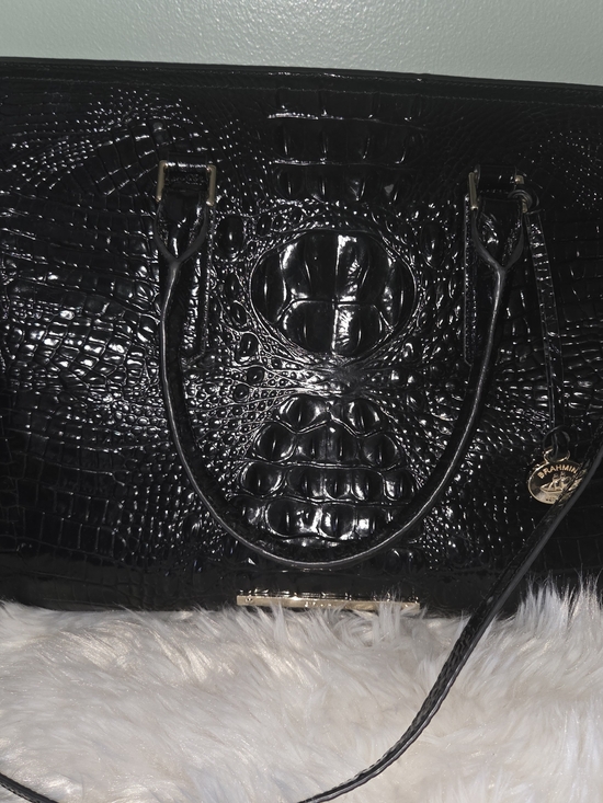 Brahmin Handbags - Brahmin Black Croc-Embossed Patent Satchel with Gold Charm. Luxury